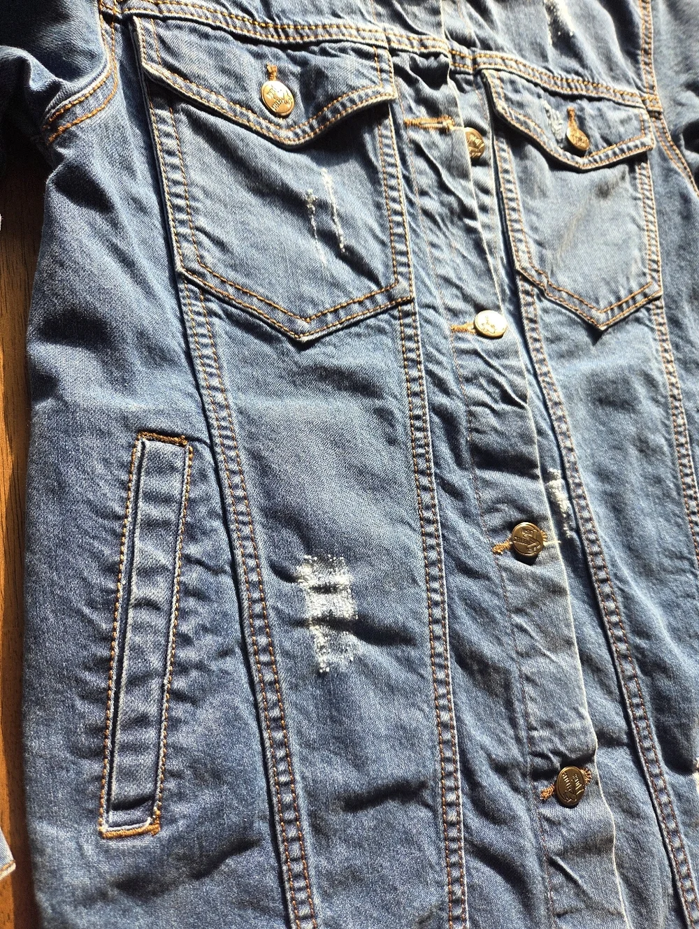 Long Slim Fit, Lightly Distressed Denim Jacket - Picture 4 of 8